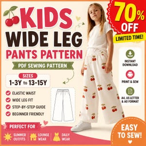 Patrón de costura en PDF para pantalones de pierna ancha para niños / Patrón de pantalones con cintura elástica / Tallas de 1 a 15 años / A4 A0 Carta estadounidense / PDF por capas /