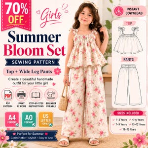 Patrón de costura en PDF para conjunto Summer Bloom para niñas / Patrón de top y pantalón de pierna ancha para niñas / Tamaños: A4, A0 y Carta (EE. UU.) / Descarga digital