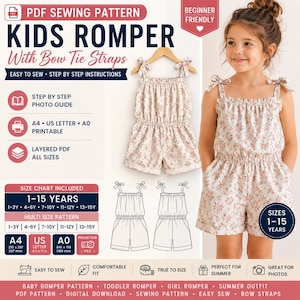 May include: A digital PDF sewing pattern for a kids romper with bow tie straps, featuring a floral print, elasticated waist, and pockets. Includes step-by-step photo instructions, layered PDF files for sizes 1-15 years, and A4, US letter, and A0 print formats.