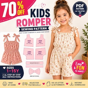 Può includere: Un cartamodello digitale per una tutina da bambino con stampa floreale, spalline a fiocco e vita elastica. L'immagine mostra il capo finito, i pezzi del cartamodello e il testo 70% OFF, KIDS ROMPER SEWING PATTERN, SIZES 1-15Y, PDF PATTERN.