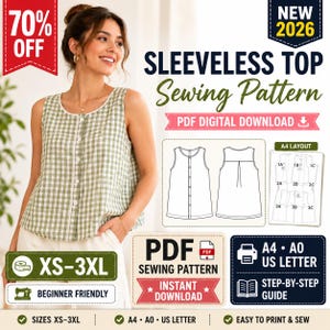 Sleeveless Top Sewing Pattern PDF, Button Front Tank Top Pattern, Women's Summer Shirt, XS-3XL, A4 A0 US Letter, Instant Download