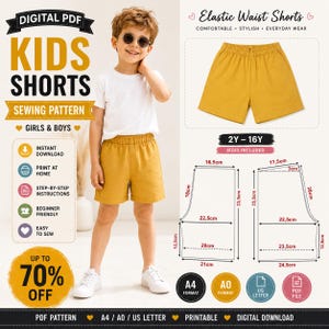 Cartamodello PDF per pantaloncini da bambino / Cartamodello per pantaloncini con elastico in vita / Pantaloncini per bambine e bambini / PDF digitale / Formato A4, A0, US Letter / Taglie 2-16 anni
