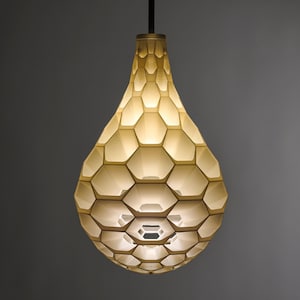 May include: A white, honeycomb-shaped pendant light fixture with a teardrop shape.