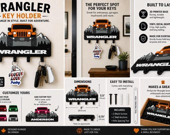 3D Printed Wrangler Key Holder – Off-Road SUV Truck Decor, Custom Text Option