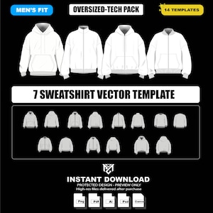 Può includere: Una collezione digitale di 7 modelli vettoriali di felpe oversize con vari design di felpe con cappuccio e giacche bianche. La grafica include il testo OVERSIZED-TECH PACK, 14 TEMPLATES, 7 SWEATSHIRT VECTOR TEMPLATE e INSTANT DOWNLOAD.