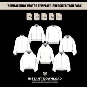 Può includere: Una collezione digitale di sette modelli vettoriali di felpe bianche oversize, inclusi stili con zip e pullover. La grafica presenta il testo 7 SWEATSHIRT VECTOR TEMPLATE- OVERSIZED TECH PACK, icone dei formati file e la scritta INSTANT DOWNLOAD.