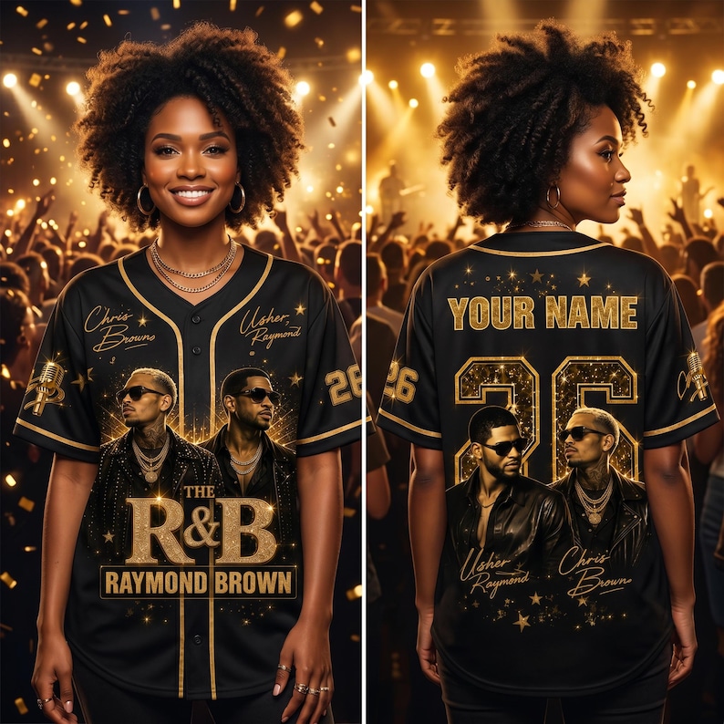May include: Black and gold baseball jersey with the text "THE R&B RAYMOND BROWN" and images of two men. The jersey has gold accents, the number 26, and the names "Chris Brown" and "Usher Raymond".