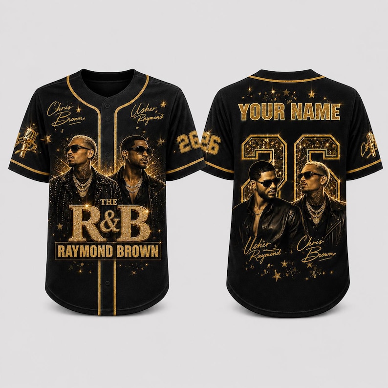 May include: Black baseball jersey with gold accents and the text "The R&B Raymond Brown". Features images of two men and the names "Chris Brown" and "Usher Raymond". The back has the number "26" and space for a name.