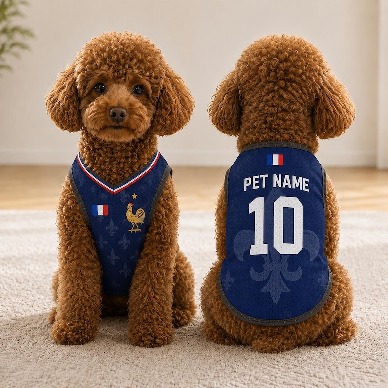 K&ouml;nnte beinhalten: Ein dunkelblaues Haustiertrikot mit V-Ausschnitt, einer kleinen franz&ouml;sischen Flagge, einem goldenen Hahn-Emblem und einem wiederkehrenden Fleur-de-Lis-Muster. Der R&uuml;cken zeigt den Text PET NAME &uuml;ber der Nummer 10, einer Flagge und einer Fleur-de-Lis.