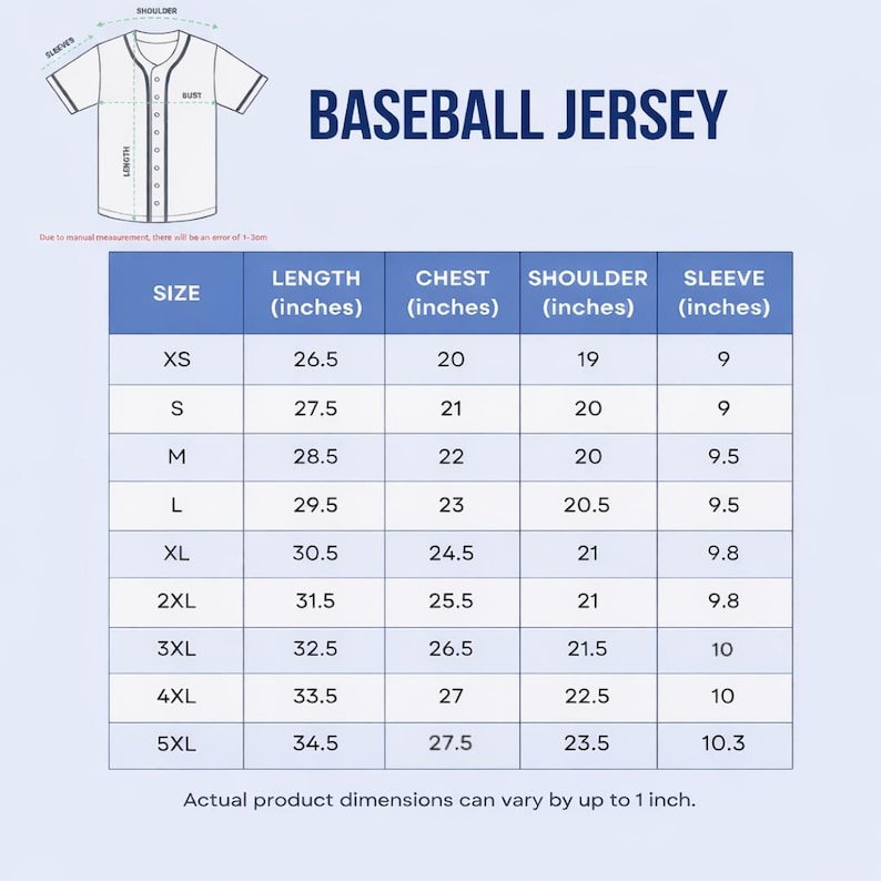 May include: White baseball jersey illustration with size chart. The chart shows measurements for length, chest, shoulder, and sleeve in inches for sizes XS to 5XL. Text on the image reads "BASEBALL JERSEY".