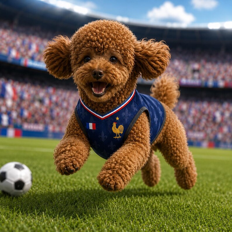 K&ouml;nnte beinhalten: Ein brauner Pudel mit lockigem Fell tr&auml;gt ein dunkelblaues &auml;rmelloses Trikot mit einer kleinen franz&ouml;sischen Flagge, einem goldenen Hahn-Emblem und einem rot-wei&szlig;-blauen Kragen. Der Hund rennt auf einem gr&uuml;nen Rasen neben einem Fu&szlig;ball.