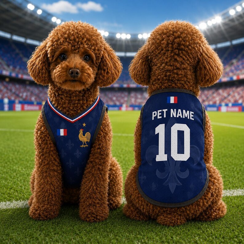 K&ouml;nnte beinhalten: Ein brauner Hund mit lockigem Fell tr&auml;gt ein dunkelblaues Trikot mit einer franz&ouml;sischen Flagge, einem goldenen Hahn-Emblem und einem wei&szlig;en Stern auf der Vorderseite. Die R&uuml;ckseite zeigt den Text PET NAME, die Nummer 10, eine Flagge und Lilienmuster.