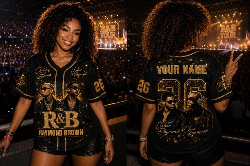 May include: Black baseball jersey with gold accents, featuring the text "THE R&B RAYMOND BROWN" and images of two musicians. The jersey has the number 26 on the sleeves and back, with "YOUR NAME" above the number.
