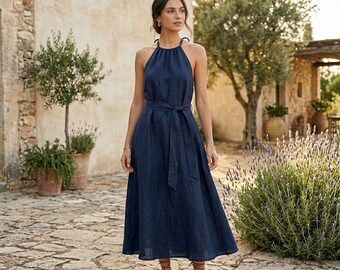 Abito midi da donna in lino con scollo all'americana, abito estivo senza schienale, abito fluido con cintura in vita, outfit minimalista per le vacanze, abito elegante e casual.