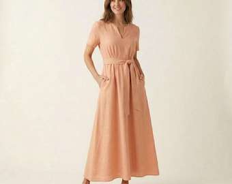 Abito lungo minimalista in lino da donna, abito estivo a maniche corte con scollo a V, abito da resort boho con cintura e tasche.