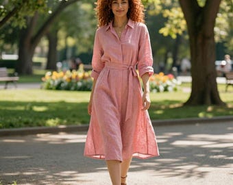 Abito camicia da donna in lino, abito midi con cintura, abito estivo casual, abito con bottoni, abito da vacanza