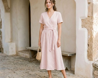 Abito midi a portafoglio in lino da donna, abito estivo minimalista, abito a maniche corte con scollo a V, outfit casual ed elegante, abito da damigella d'onore.