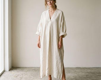 Abito lungo minimalista in lino, caftano estivo oversize con scollo a V, abbigliamento boho naturale da donna, abbigliamento da resort dalla vestibilità comoda