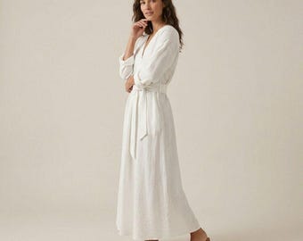 Abito lungo in lino da donna, abito a portafoglio con scollo a V e maniche lunghe, completo minimalista boho per invitata a un matrimonio, abito estivo in lino