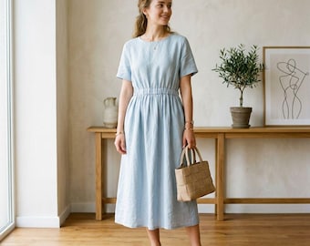 Abito midi in lino da donna, abito estivo minimalista, abito casual ampio per tutti i giorni, outfit in stile cottagecore