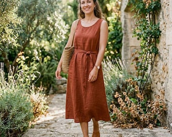 Abito da donna in lino, abito midi senza maniche, abito estivo con cintura, completo casual in lino, abbigliamento cottagecore