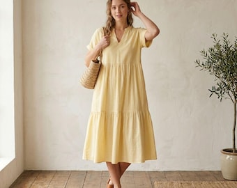Abito midi in lino, prendisole estivo boho a balze, camicetta in cotone a maniche corte con scollo a V, outfit da vacanza cottagecore per donna