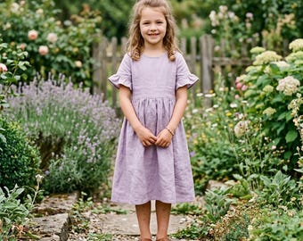 Linen Dress for Girls, Ruffle Sleeve Toddler Outfit, Kids Midi Summer Frock, Flower Girl Birthday Clothes