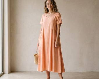 Abito lungo in lino da donna, abito estivo dalla vestibilità ampia, completo cottagecore a maniche corte