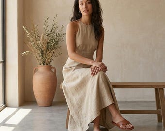 Minimalistisches Leinen-Maxikleid, ärmelloses Boho-Sommer-Midikleid, elegantes Resortkleid für Damen, lässiges A-Linien-Kleid