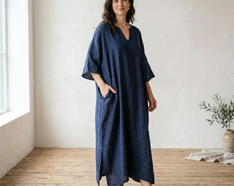 Abito caftano in lino da donna, abito lungo oversize, abito da casa ampio, caftano minimalista in lino, abito boho con tasche