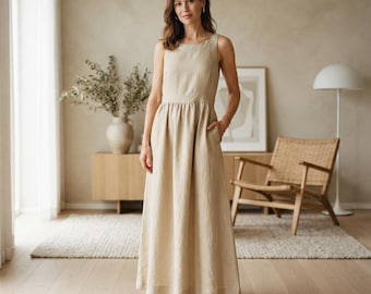 Minimalist Linen Maxi Dress, Sleeveless Summer Boho Gown, Elegant Flowy Natural Clothing for Women