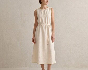 Abito midi minimalista in lino da donna, abito estivo casual, abito con cintura in vita, outfit midi per tutti i giorni