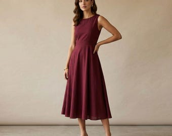 Abito midi in lino, abbigliamento minimalista senza maniche a trapezio, elegante completo estivo da donna dalla linea fluida