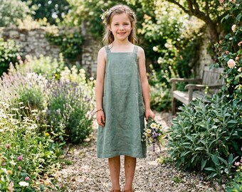 Linen Girls Pinafore, Minimalist Kids Clothes, Boho Cottagecore Flower Girl Summer Frock, Toddler Apron Dress