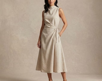 Abito midi minimalista in lino a portafoglio per donna, abito senza maniche a trapezio, abito estivo neutro, outfit elegante e casual