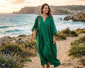 Abito caftano in lino, copricostume oversize, caftano lungo boho, completo ampio per vacanze al resort.