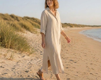 Abito camicia in lino da donna, abito lungo ampio con bottoni, caftano minimalista a maniche lunghe, completo per le vacanze estive