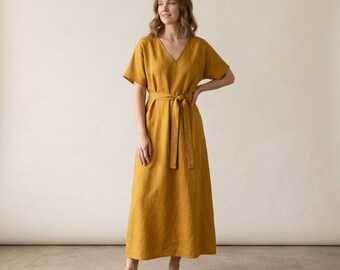 Abito in lino, abito midi da donna a maniche corte con scollo a V e cintura, vestaglia estiva ampia e sostenibile