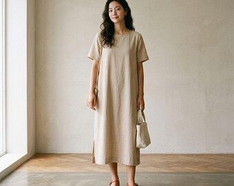 Abito midi minimalista in lino da donna, completo estivo dalla vestibilità ampia, abito lungo a maniche corte, abbigliamento boho per le vacanze.