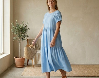 Abito in lino, camicetta midi a balze, abbigliamento boho estivo a maniche corte, abito lungo minimalista, outfit da vacanza da donna, stile cottagecore