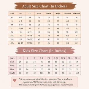 May include: An adult and kids size chart in inches. The adult table lists sizes XS to 4XL with US, EU, bust, waist, hips, shoulder, and armhole measurements. The kids table lists ages 2 to 16 with bust, waist, hips, and height measurements in inches.