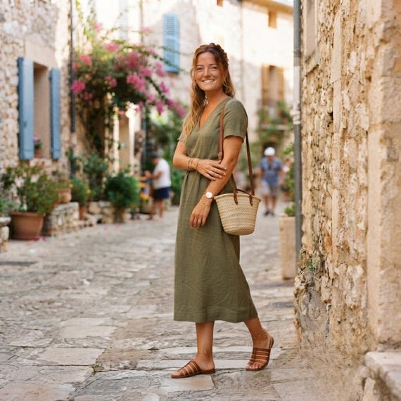 Minimalist Linen Midi Dress, V-neck Short Sleeve Summer Outfit, Flowy Breathable Vacation Wear for Women