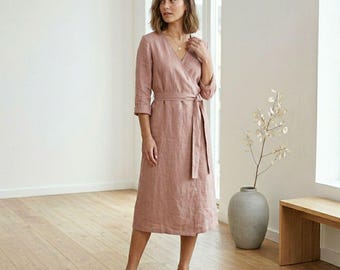 Abito a portafoglio in lino, midi minimalista da donna, scollo a V estivo con cintura in vita, elegante e traspirante, stile boho