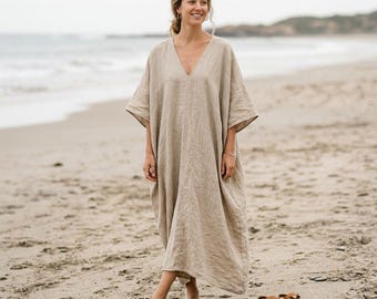 Abito lungo caftano in lino da donna, abito da casa minimalista dalla vestibilità ampia, abbigliamento boho da resort, abito estivo neutro