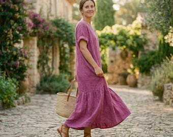 Abito lungo in lino stile boho da donna, abito estivo dalla vestibilità comoda, abbigliamento minimalista in lino, abito da vacanza.
