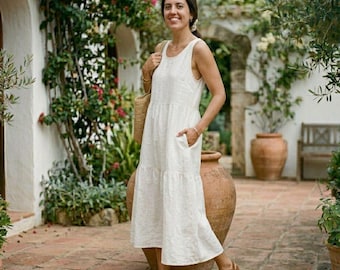 Abito midi senza maniche in lino da donna, abito a balze, abito estivo minimalista, abito casual dalla vestibilità ampia