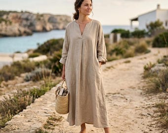 Abito lungo minimalista in lino da donna, abito caftano oversize, abito boho a maniche lunghe dalla vestibilità ampia