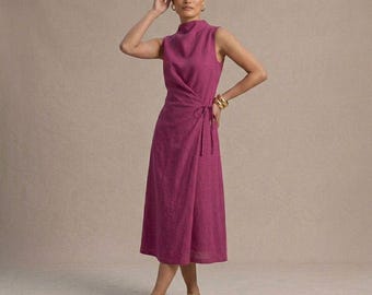 Abito midi senza maniche a portafoglio, stile minimalista con collo alto in lino, elegante e sobrio, perfetto per le vacanze al mare.