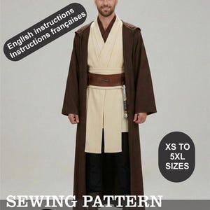 May include: A brown and beige costume with a brown belt and a lightsaber. The image includes text that says "English instructions Instructions francaises" and "XS TO 5XL SIZES". The bottom of the image says "SEWING PATTERN DIGITAL DOWNLOAD".