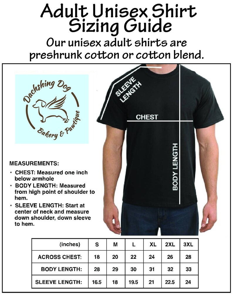 K&ouml;nnte beinhalten: Gr&ouml;&szlig;entabelle f&uuml;r Unisex-Shirts f&uuml;r Erwachsene mit Ma&szlig;en in Zoll. Die Tabelle enth&auml;lt Brust-, K&ouml;rper- und &Auml;rmell&auml;ngenmessungen f&uuml;r die Gr&ouml;&szlig;en S bis 3XL. Das Shirt ist schwarz, und der Text ist wei&szlig;.